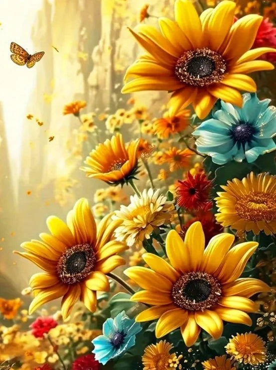 A vibrant close-up of yellow sunflowers and blue flowers with a butterfly in a bright, sunny garden setting.