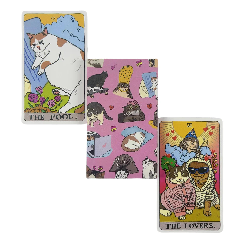 A set of tarot cards featuring cat memes, including The Fool and The Lovers.