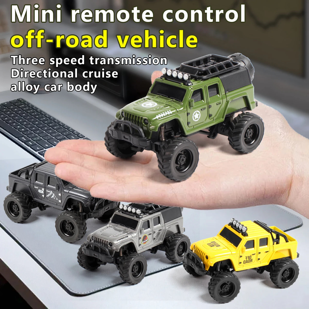 A hand holds a green mini remote control off-road vehicle with a three-speed transmission and directional cruise feature.