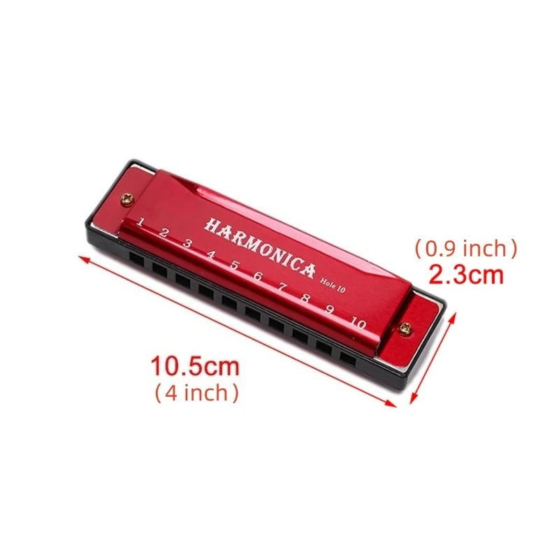 A red harmonica with ten holes is shown, measuring 10.5cm (4 inch).