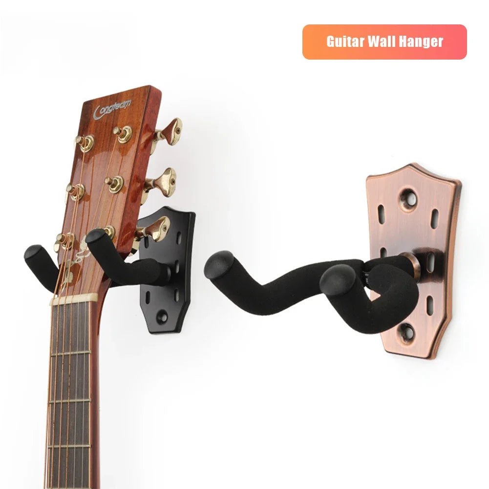 A guitar wall hanger featuring a wooden neck and a padded yoke designed for secure mounting.