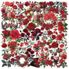 A dense floral pattern featuring various shades of red and pink roses on a white background.