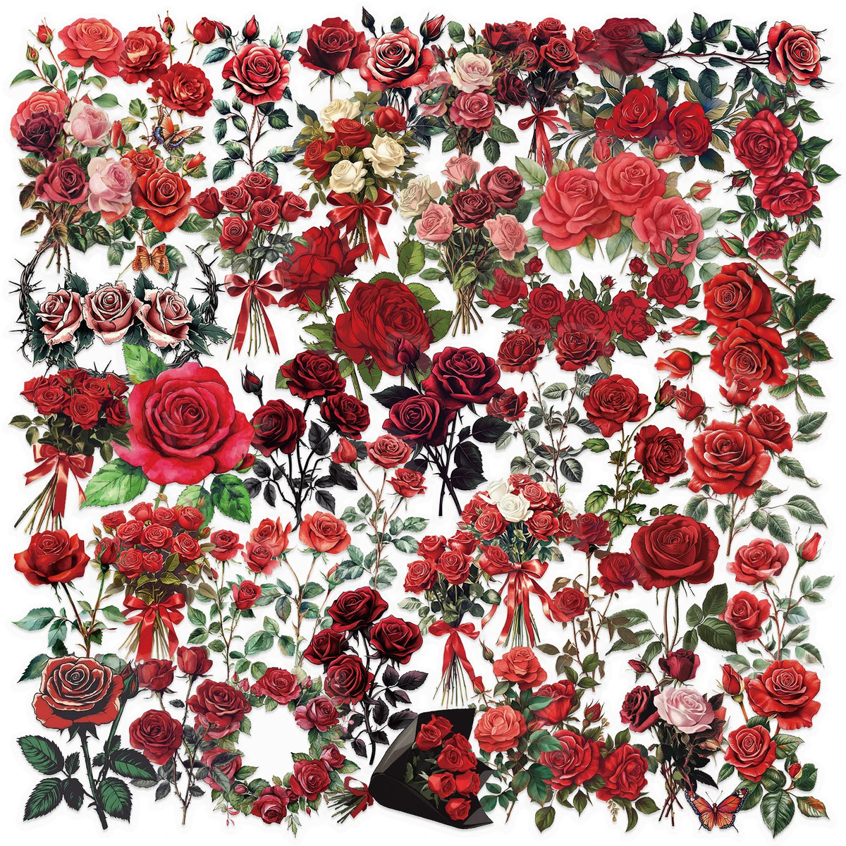 A dense floral pattern featuring various shades of red and pink roses on a white background.