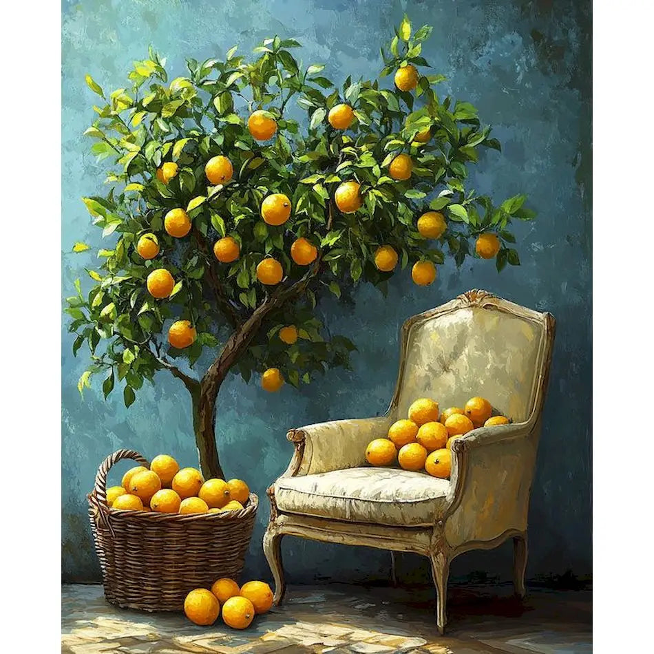 A still life painting featuring a lemon tree and an armchair with yellow fruit.