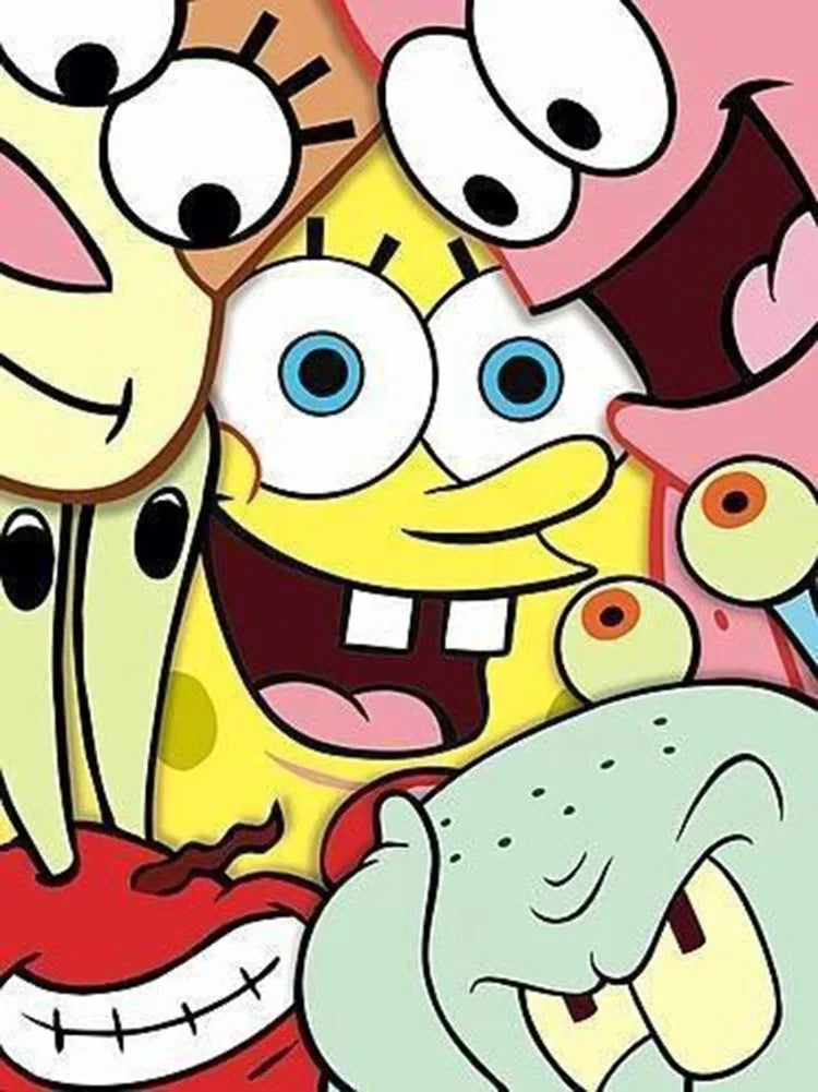 A close-up of a SpongeBob character face in diamond painting style.