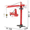 A red diecast construction crane model toy set with a long arm and a base, shown in a side view.