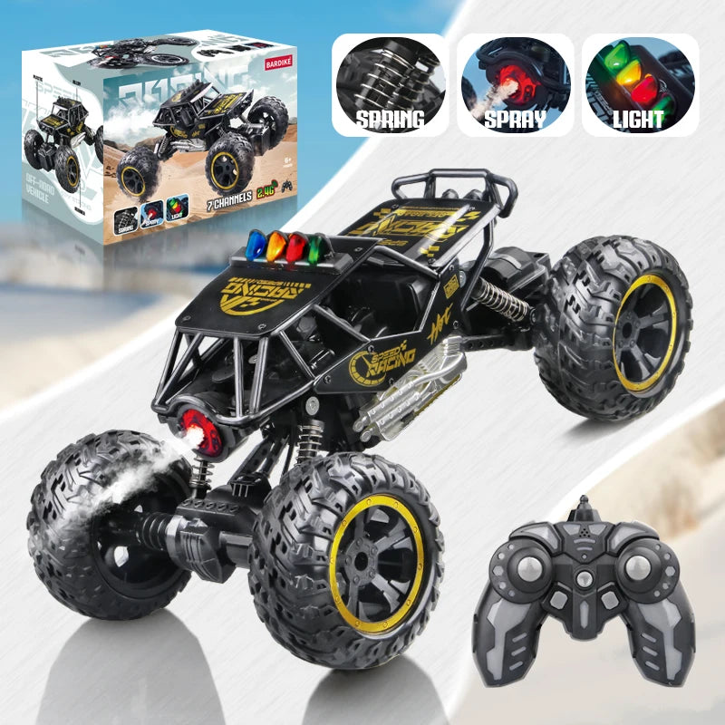 Black off-road RC car with lights and rechargeable battery shown next to accessories and a controller.
