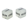 A set of glow-in-the-dark dice with words like KISS, BLOW, TOUCH, NAVEL, HAND, and NECK.