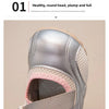 A close-up view of a silver and pink girls' casual slip-on shoe with a breathable PU upper.