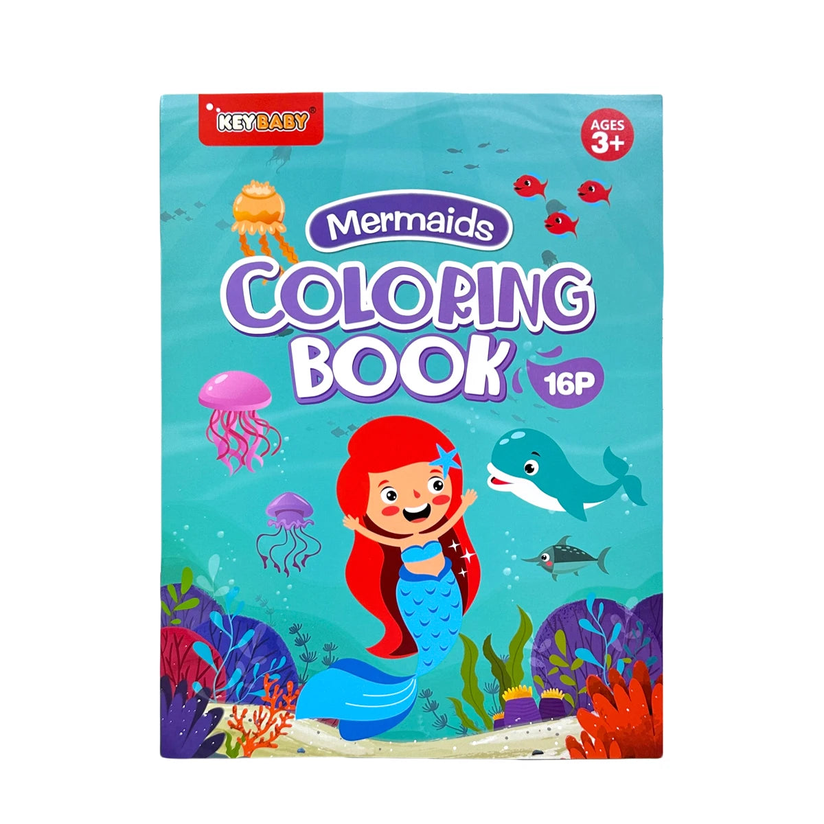 A colorful 16-page coloring book for kids featuring mermaids and sea creatures.
