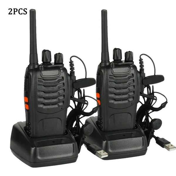 A pair of black portable 2-way walkie talkie radios with headsets shown side by side.