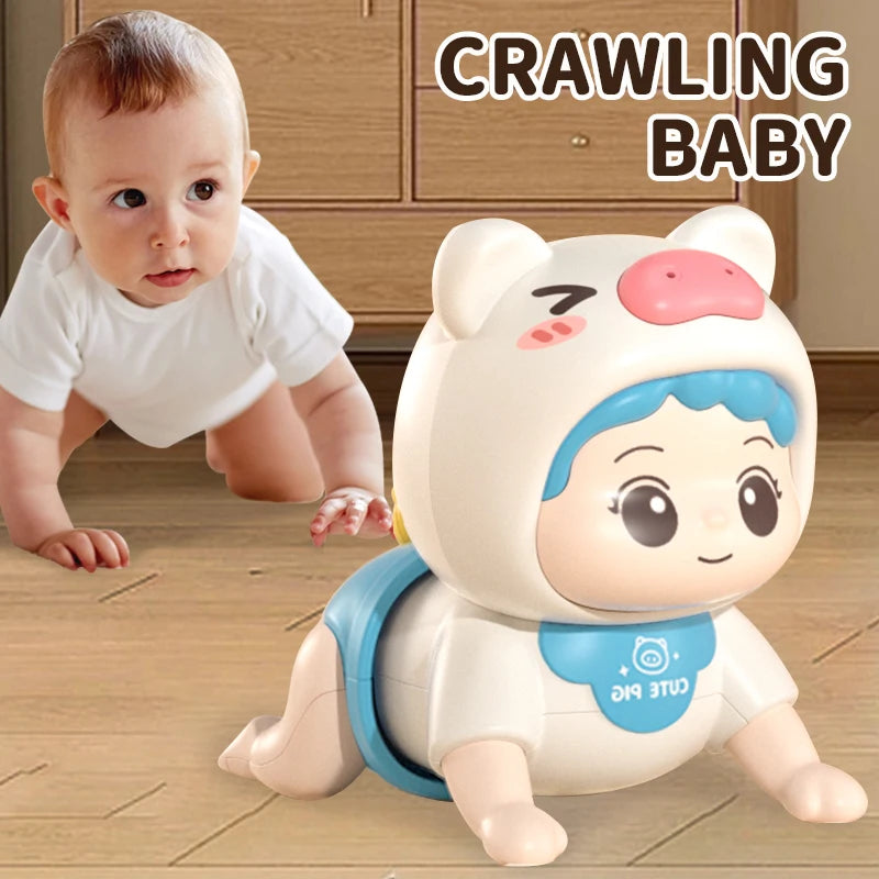 A cute white baby crawling toy resembling a pig, positioned in front of a wooden cabinet.
