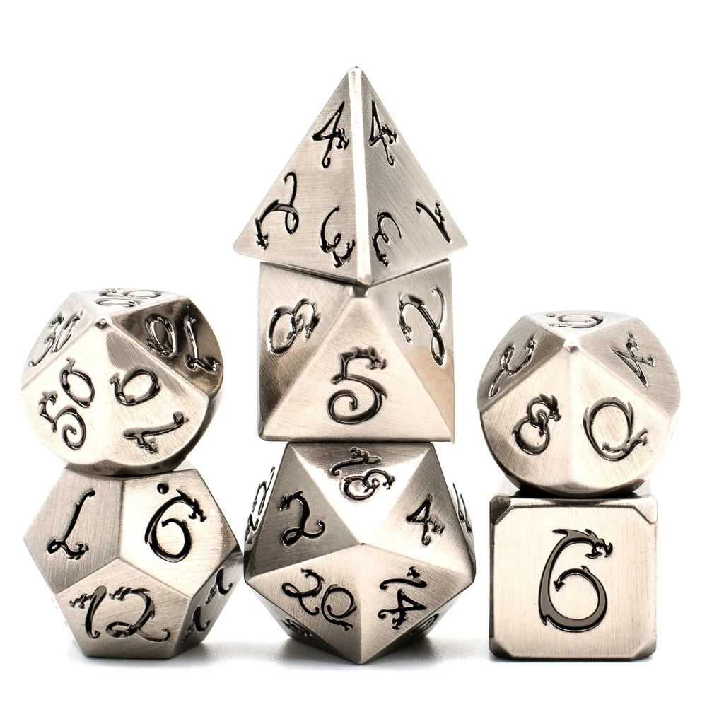 Premium Metal Polyhedral Dice Set with Dragon Font