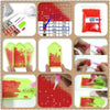 A diamond painting kit showing various red and green scenic animal and plant designs on a grid.