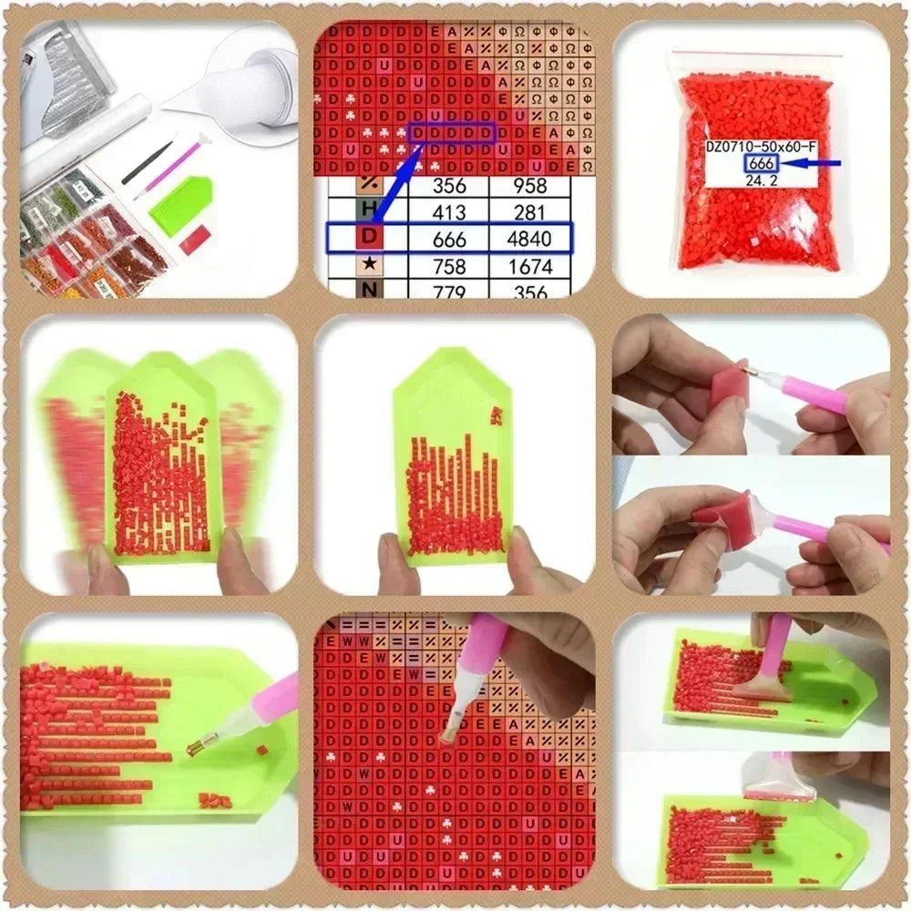 A diamond painting kit showing various red and green scenic animal and plant designs on a grid.