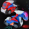 A red and blue transforming dinosaur robot car toy with lights and sounds.
