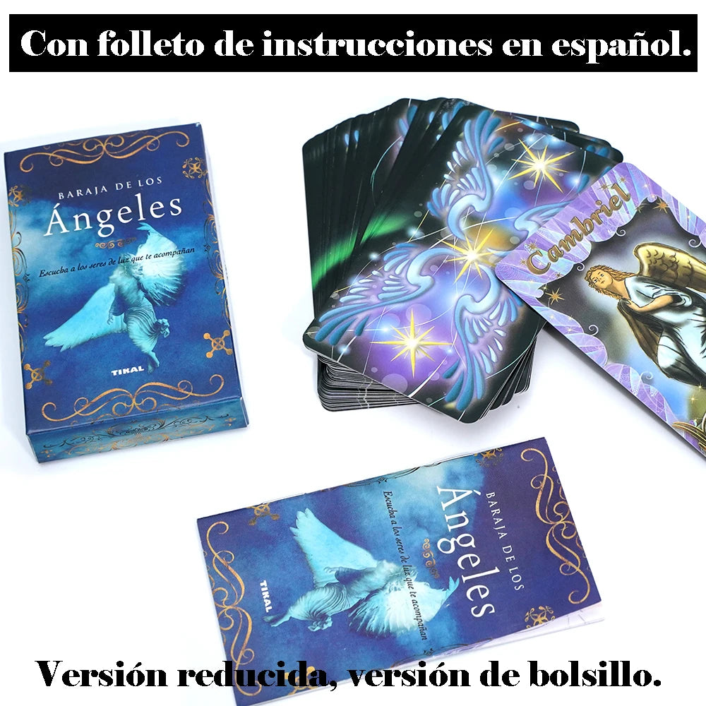 A deck of Spanish Angel Oracle cards titled Baraja de los Ángeles, featuring blue and purple designs.