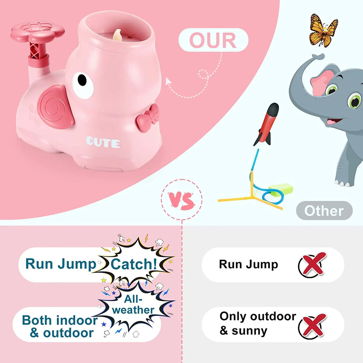 Pink foot launcher flying disc toy set with catching nets shown next to an elephant.