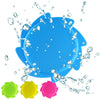 A blue silicone splash flying ring toy with several water droplets flying around it, next to yellow and pink versions.