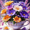A vibrant floral paint by number kit featuring roses, sunflowers, and peonies arranged in a pot.