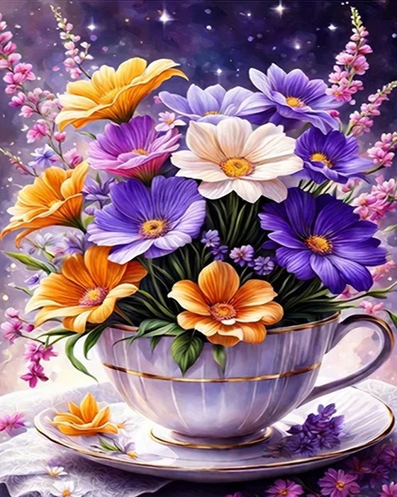 A vibrant floral paint by number kit featuring roses, sunflowers, and peonies arranged in a pot.