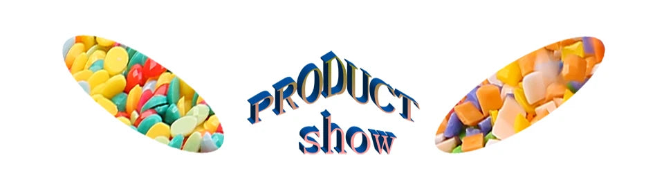 A diamond painting kit featuring colorful, translucent pieces of material displayed alongside the text PRODUCT show.