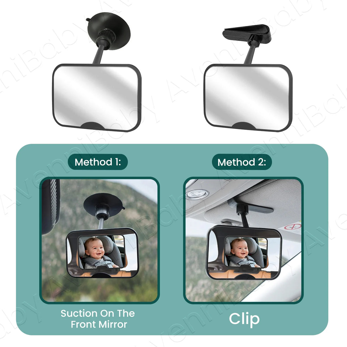A 2-in-1 car mirror set for baby seats showing suction and clip methods for rearview mirrors.