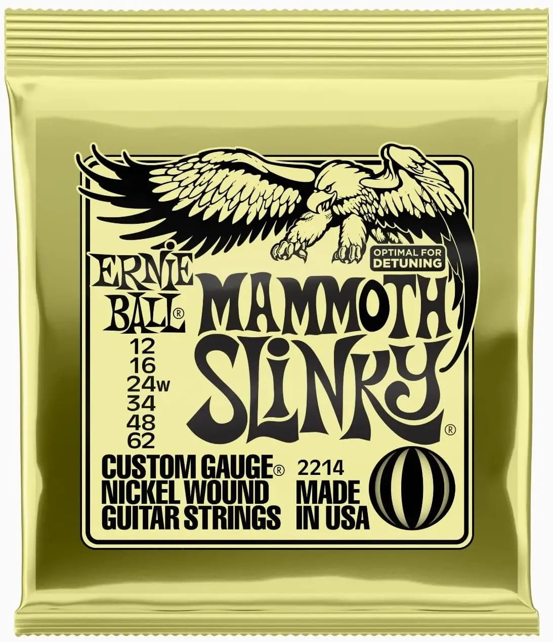 A package of Ernie Ball Mammoth Slinky nickel wound electric guitar strings featuring an eagle graphic.