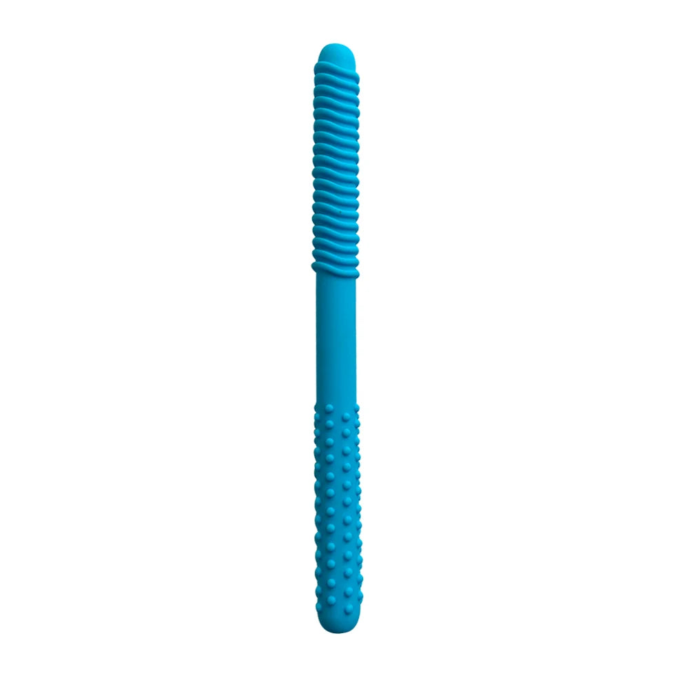 A bright blue silicone chewing tube with a ribbed top and a textured, dotted bottom.