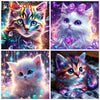 A collage of four images featuring fluffy cats with vibrant colors and sparkling effects, suitable for a fantasy diamond pain