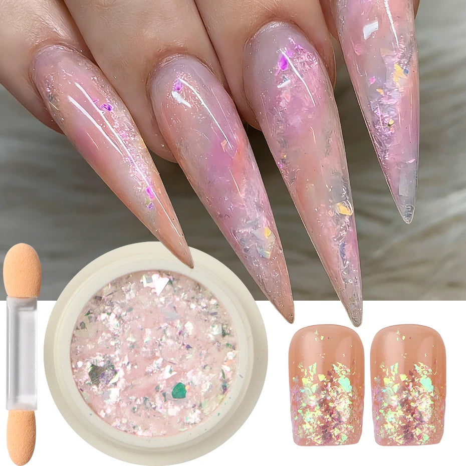A hand displays iridescent opal and mermaid chrome nail glitter pigment set on fingernails and a small pot.