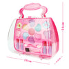 A pink plastic cosmetic case for pretend play makeup with various tools and palettes.