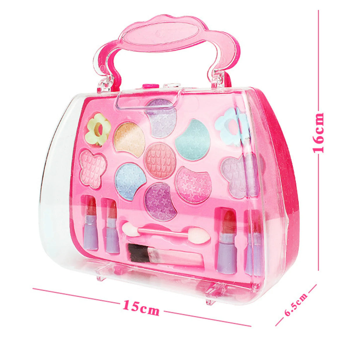 A pink plastic cosmetic case for pretend play makeup with various tools and palettes.