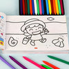 A coloring book page showing a line art drawing of a smiling character jumping over a wavy line, with colored pencils nearby.
