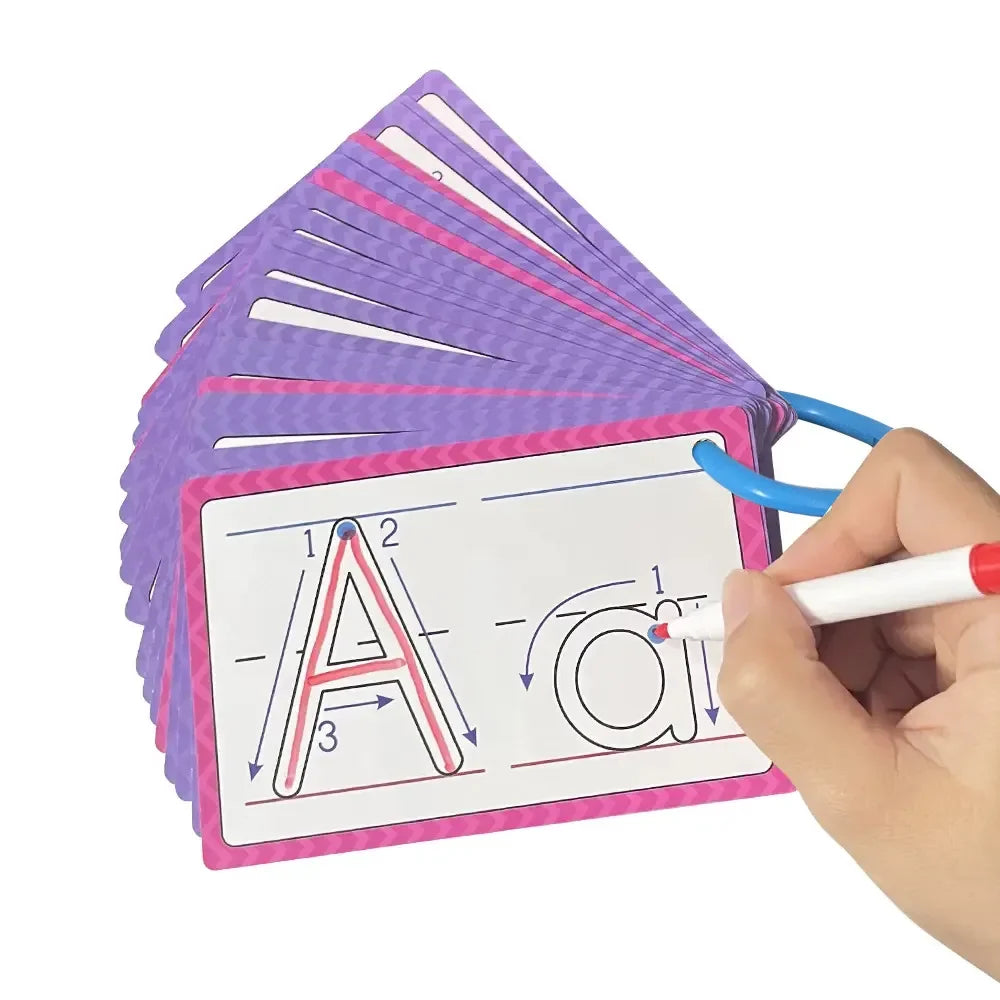 A set of purple flash cards with letters A and $	ext{O}$ for tracing practice, held by a hand.