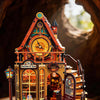 A detailed wooden miniature kit of a time pavilion building featuring stained glass windows and a staircase.