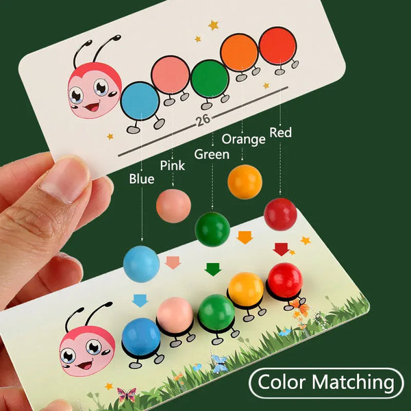 A hand holds a card showing color matching for various fruits and colors like orange, red, green, pink, and blue.