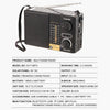 A black multi band radio with solar charging capabilities and Bluetooth features.