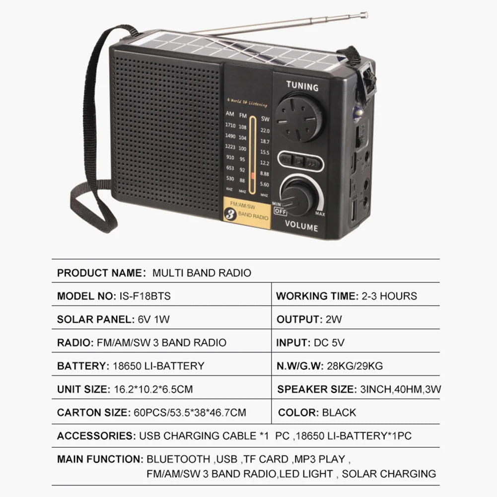 A black multi band radio with solar charging capabilities and Bluetooth features.