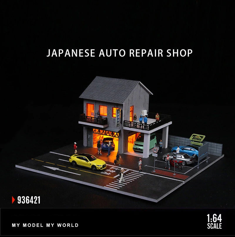 Japanese Style Auto Repair Shop Diorama with LED Lighting