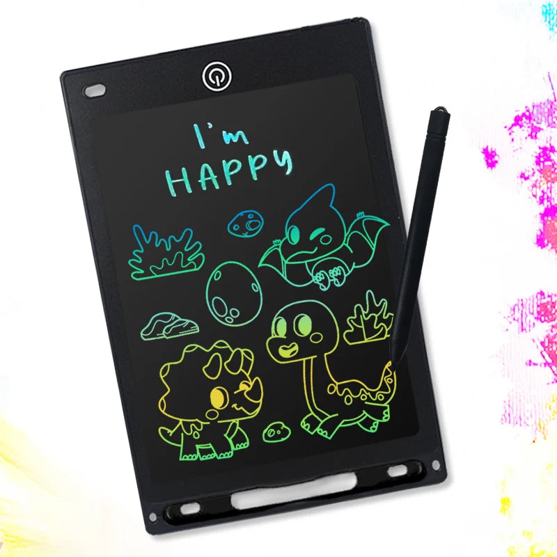 A black LCD writing tablet displaying the text I'm HAPPY in neon green handwriting.