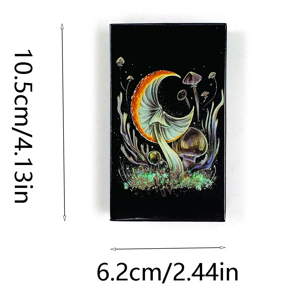 A vertical rectangular card displaying a dark background with an orange crescent moon and various mushrooms in shades of gree