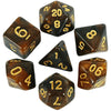 A set of polyhedral dice featuring a dark, cosmic effect and gold numbering.