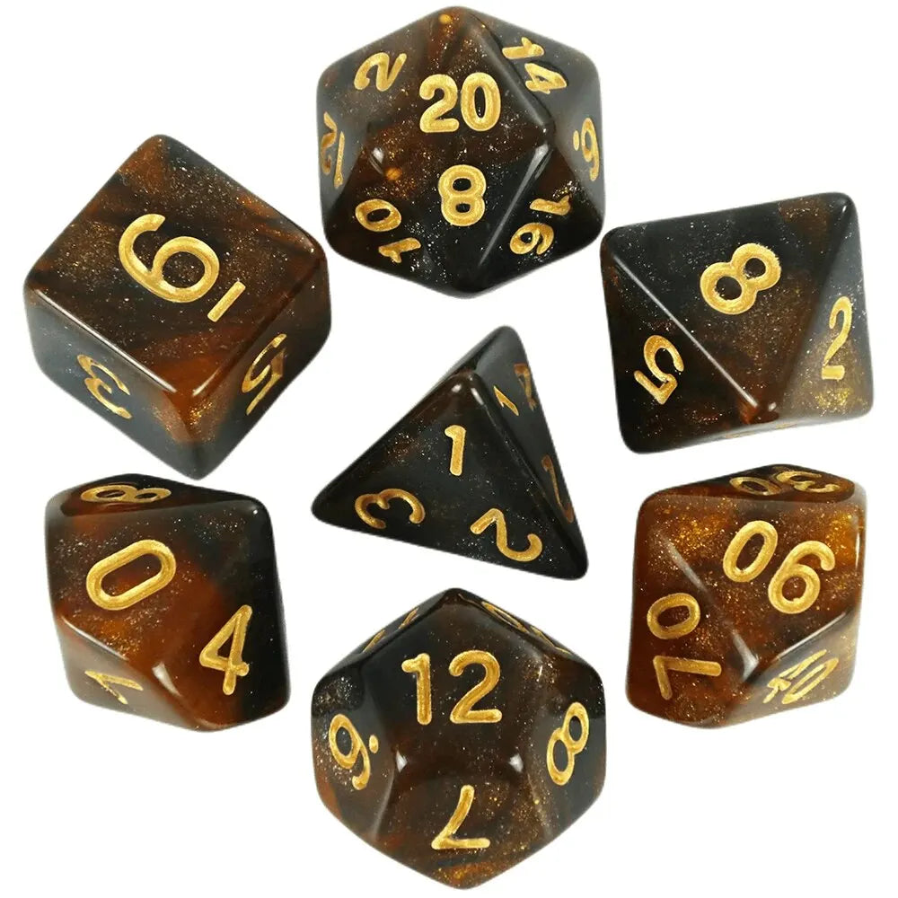 A set of polyhedral dice featuring a dark, cosmic effect and gold numbering.