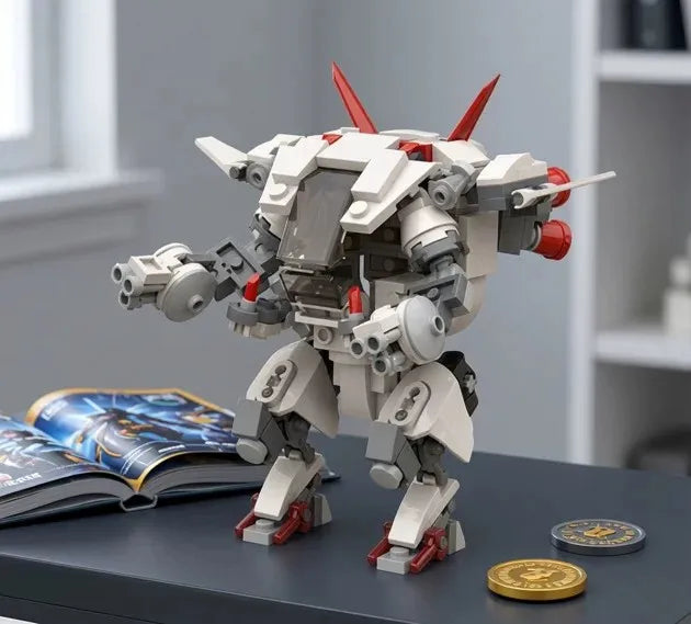 A detailed model of an exoskeleton combat robot built from gray and white building blocks, displayed on a dark surface.