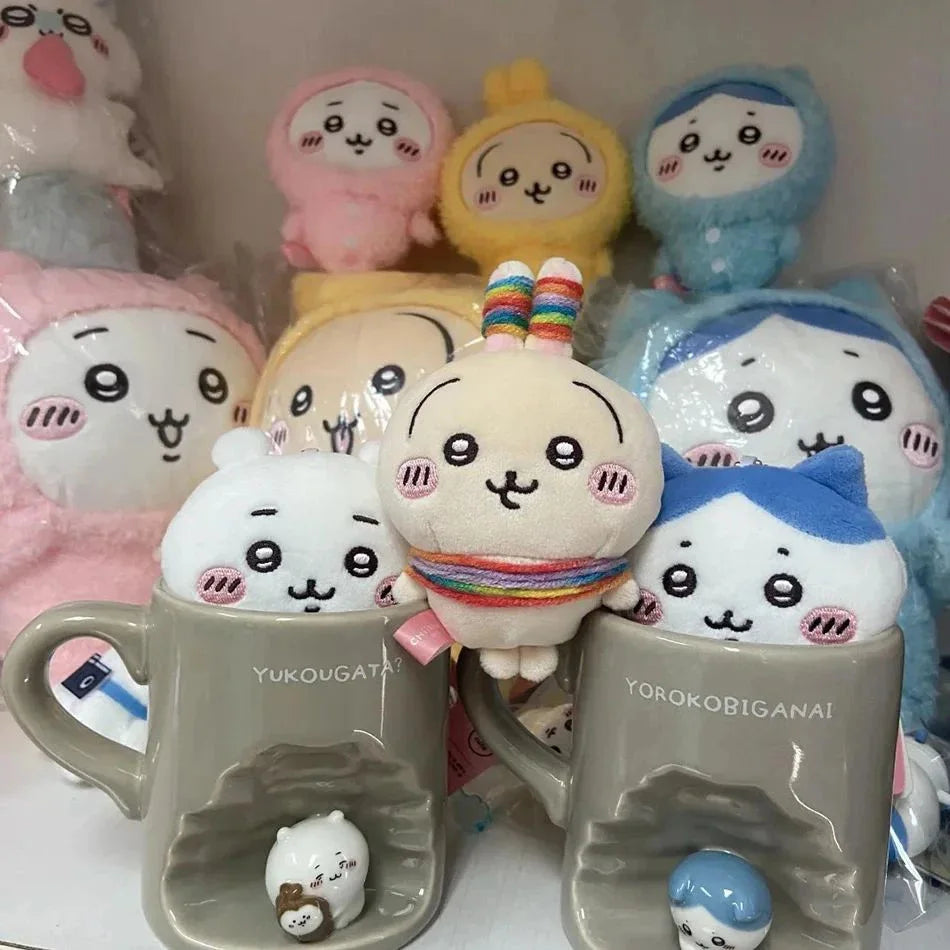 A collection of adorable Usagi Hachiware plush keychains in various pastel colors and themes.