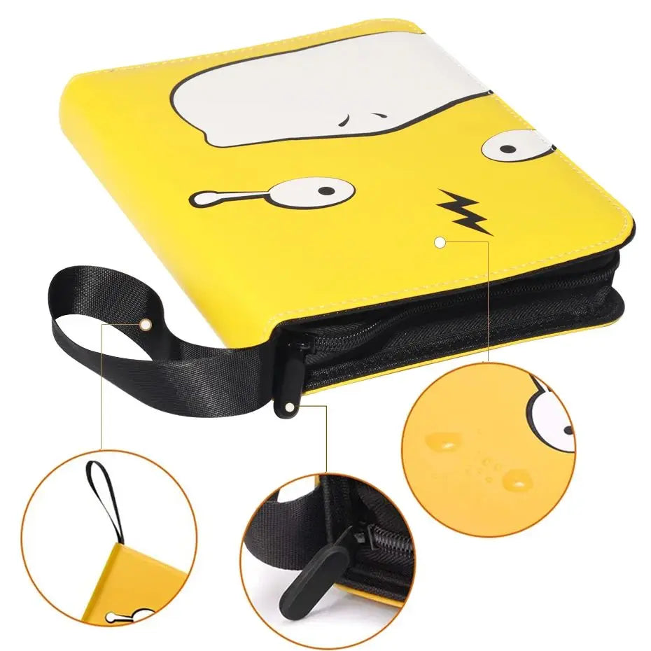 Yellow PU leather card binder with a face design and black zipper storage.