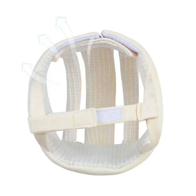 A beige toddler safety helmet and head cushion designed for crawling