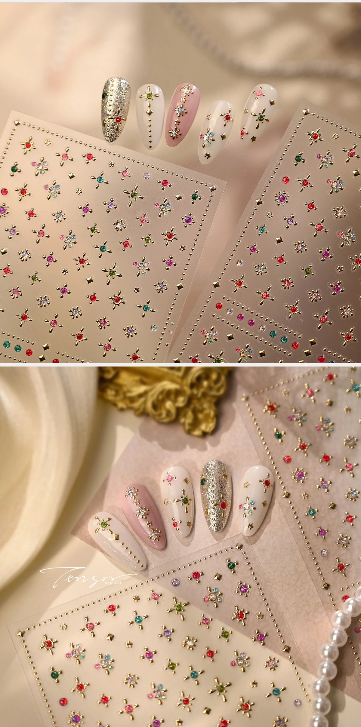 A close-up of sparkling 5D diamond nail art stickers on pink and gold paper, featuring various glitter and floral designs.