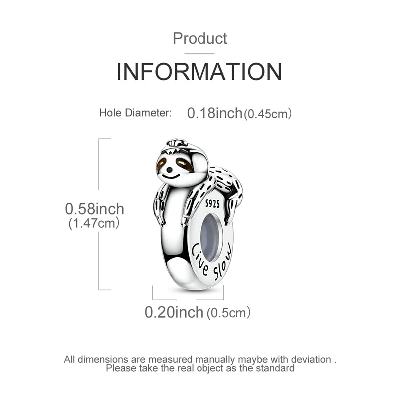 A sterling silver charm bead with a hole diameter of 0.18 inches and a length of 0.58 inches.